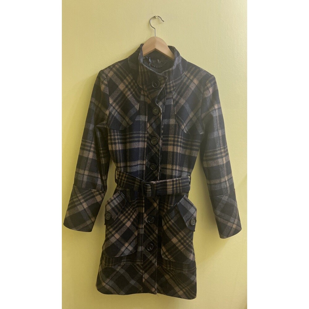NAF NAF Women's Wool Italian Fabric Trench Style Check Coat.  Size 42
